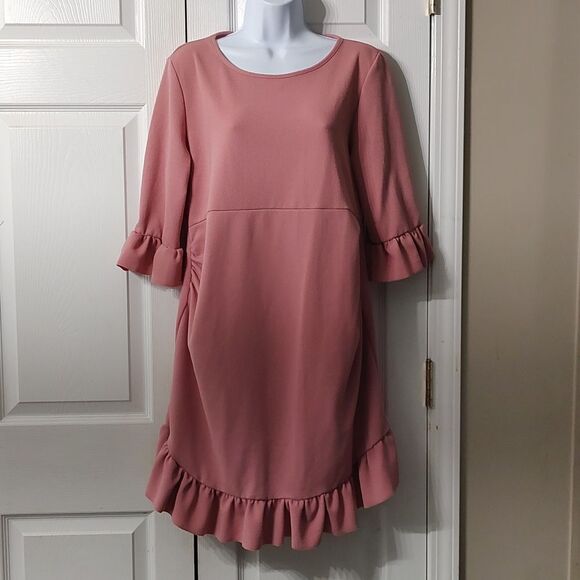 Maternity Boohoo Mauve Desert Rose  Curve Hem Ruffle Shift Dress Sz 10 NWOT - Picture 1 of 8